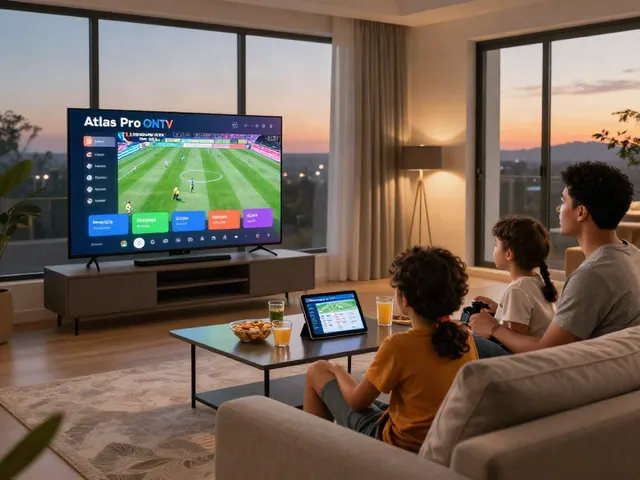 Famille profitant d'Atlas Pro ONTV dans un salon moderne, écran avec application.