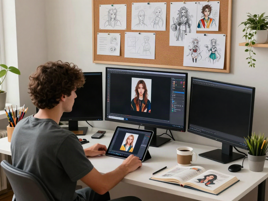 Creating unique 18+ ai art in a vibrant digital studio setting.