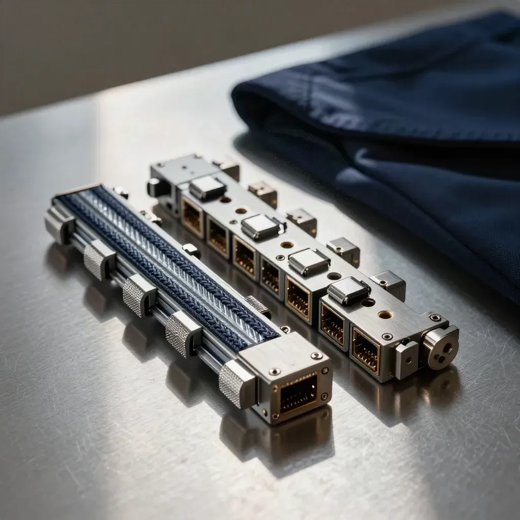Vue du dessus de câbles fibre, transceivers SFP et connecteurs métal sur surface pewter.