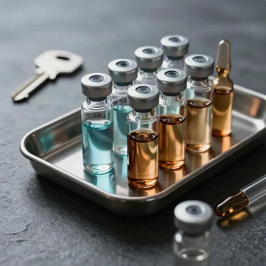 Flacons de labo, ampoules ambrées et embouts de pipette sur plateau inox, lumière dramatique.