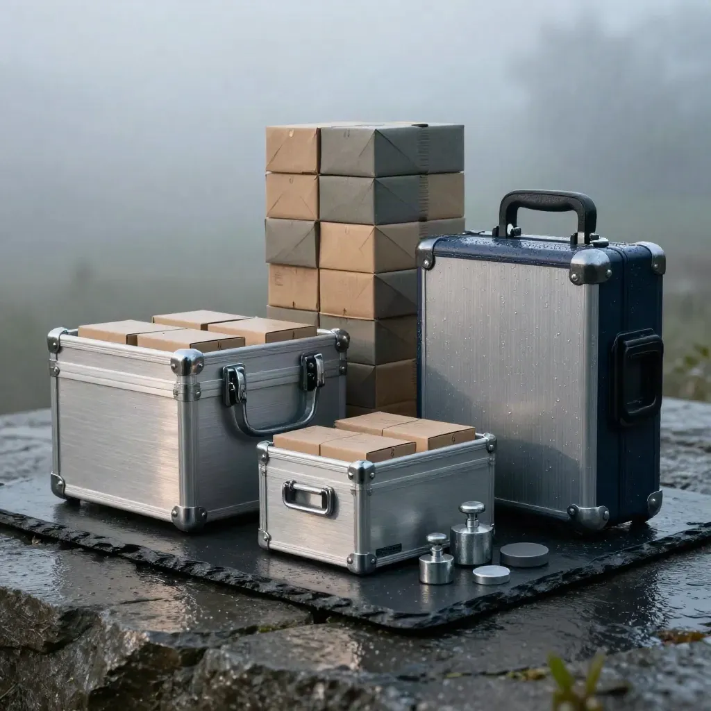 Kit de prévision logistique en aluminium et acier sur pierre mouillée, lumière douce et brume.