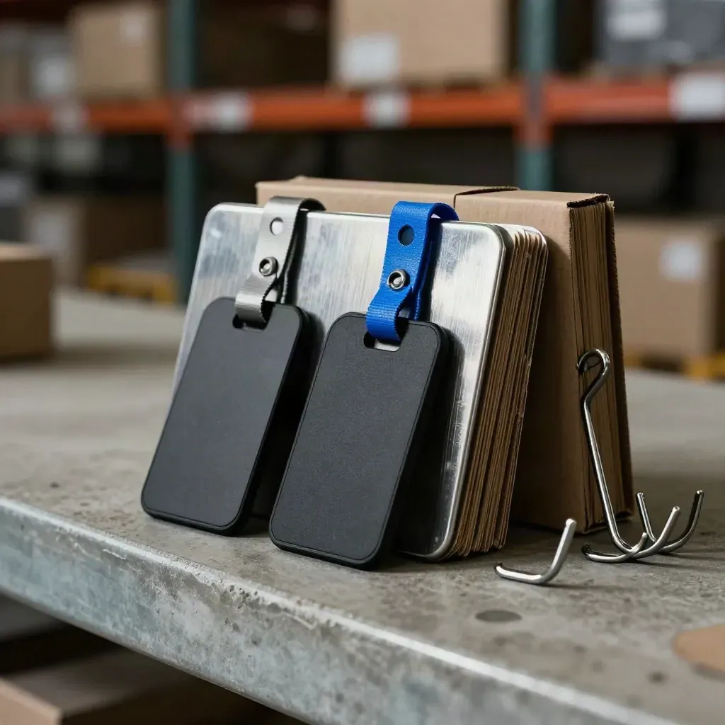 Accessoires de stock-retail sur béton, avec cartons kraft, crochets acier et étiquette RFID bleue.