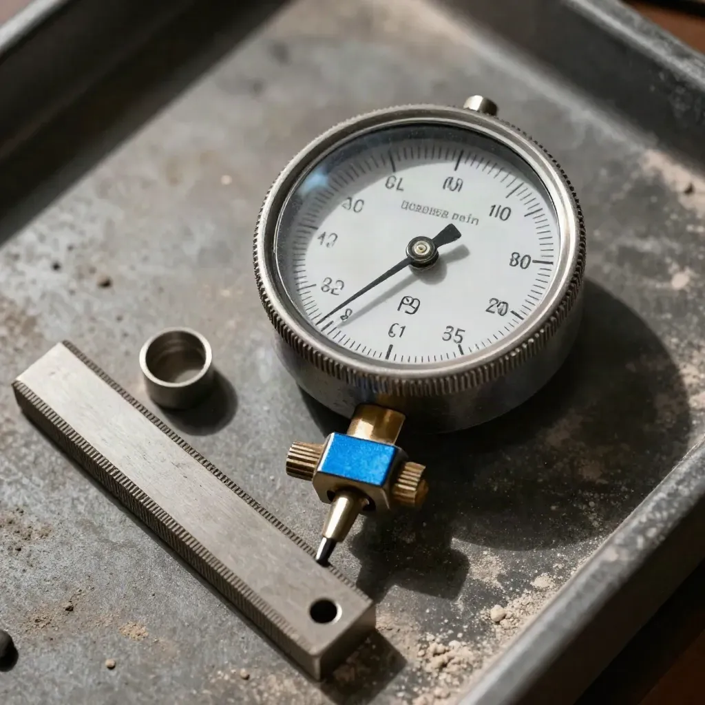 Cadran analogique en alerte, pastille d’inspection et bloc de calibration sur fond graphite.