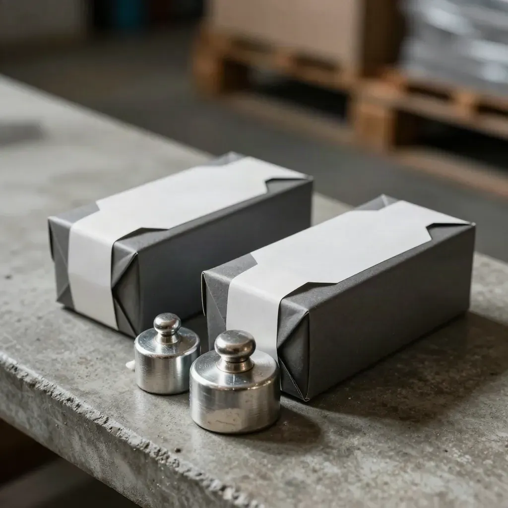 Deux cartons d’échantillons scellés et des poids d’expédition en aluminium sur béton gris.