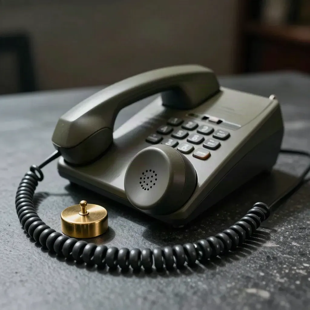 Combiné téléphonique noir dans son socle, câble en boucle et presse-papier en laiton.