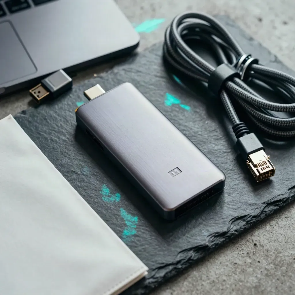 Flatlay de matériel data : SSD NVMe, hub USB-C, câble Ethernet et module SFP sur pierre sombre.