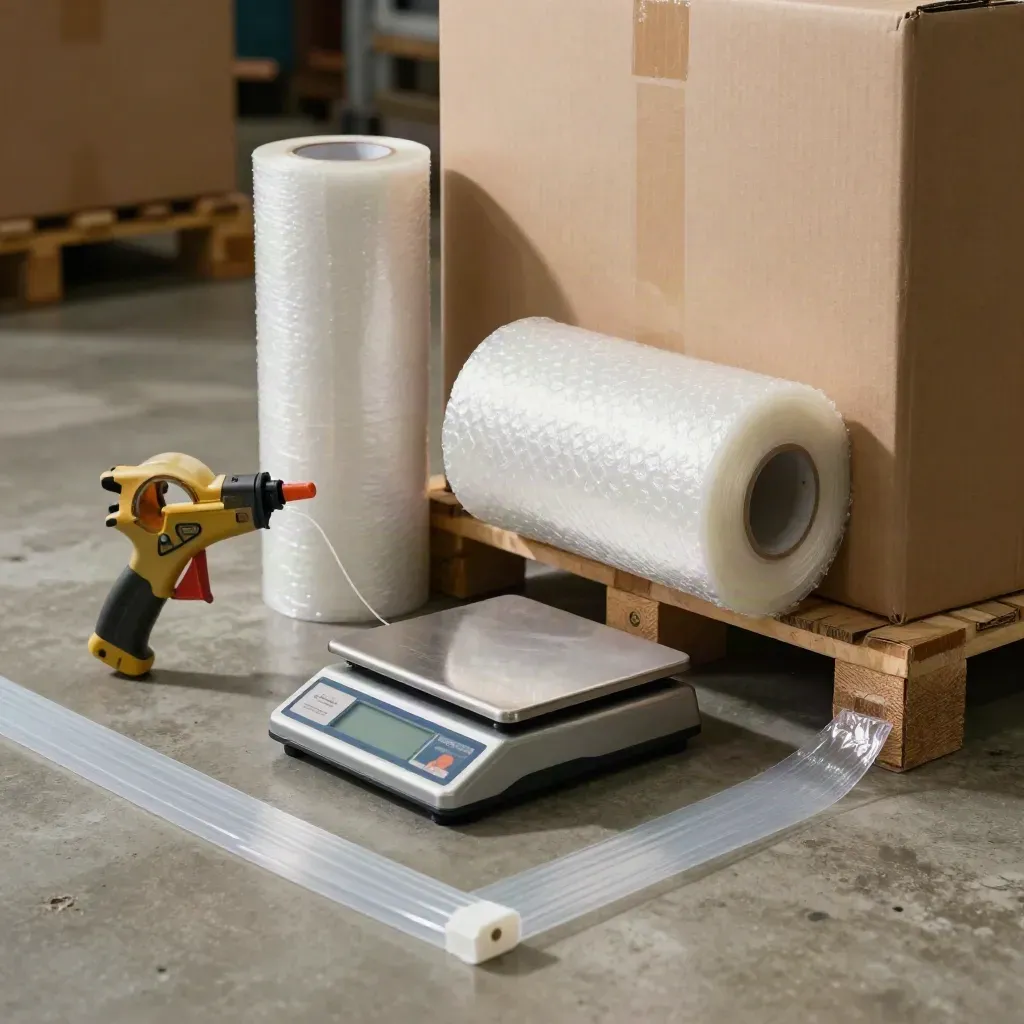 Kit d’emballage e-commerce avec dévidoir, balance, bulles et cornières sur béton.