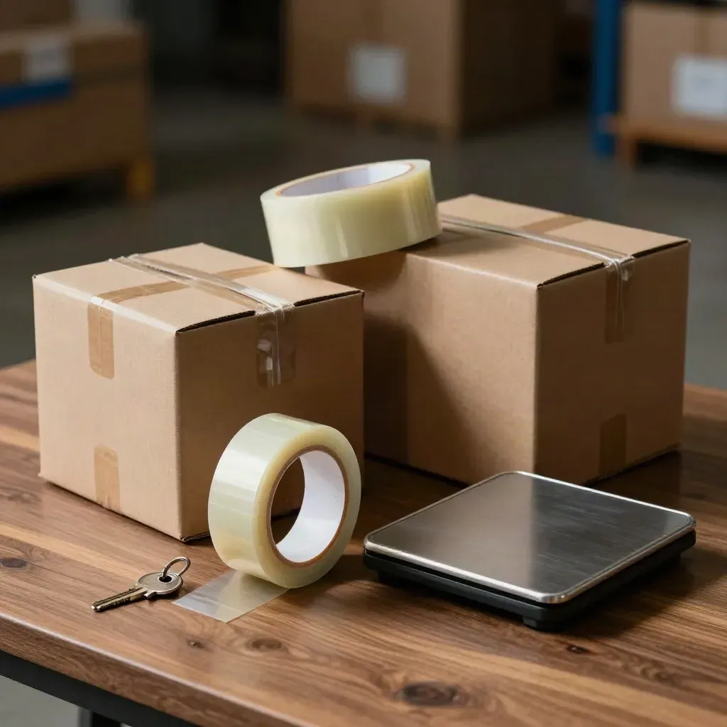 Cartons kraft, ruban d’emballage et balance de livraison sur fond sombre.