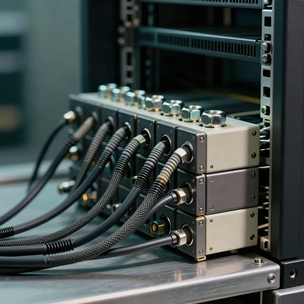 Gros plan de câbles tressés, écrous cage et cales de rack sur un plateau métal sombre.