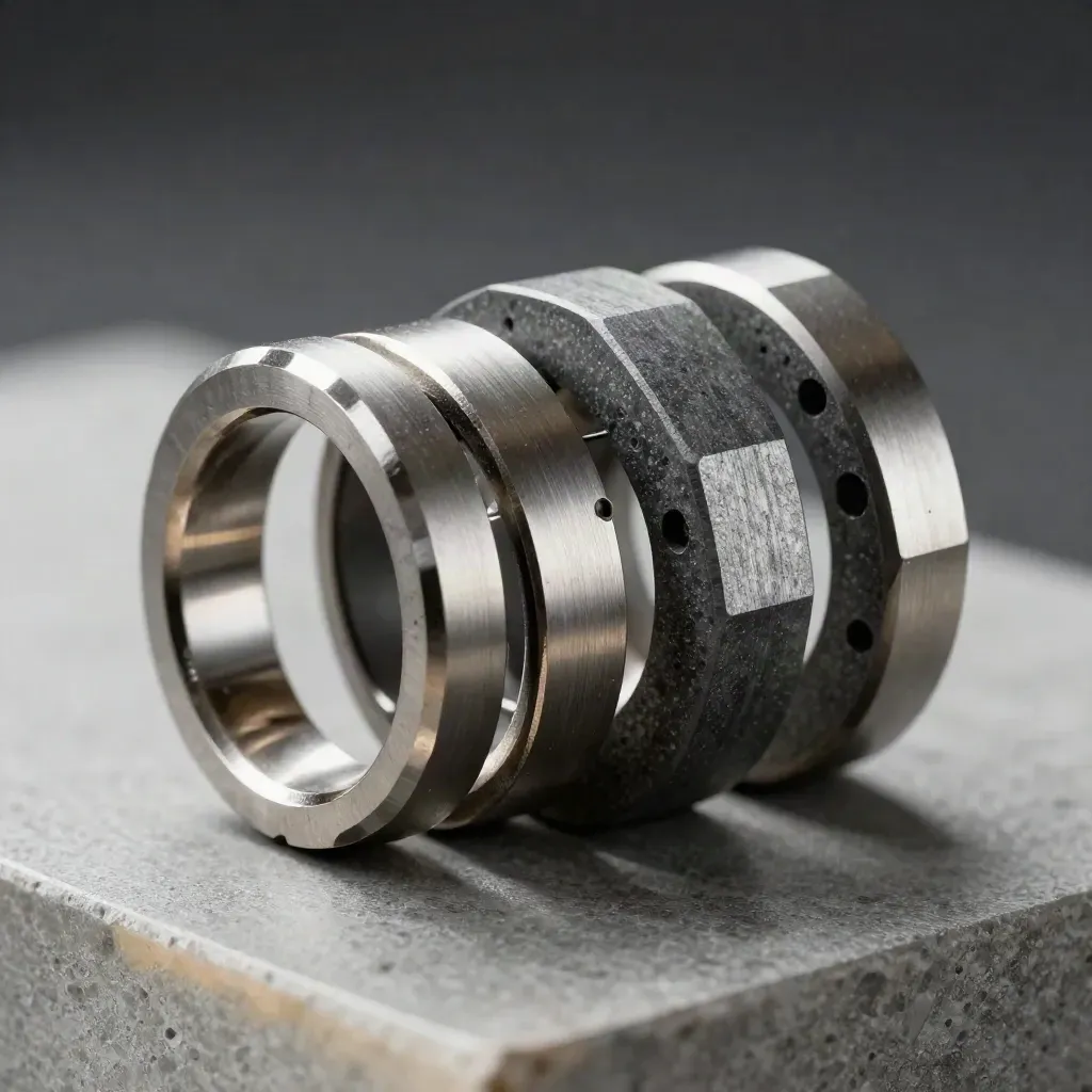 Anneaux métalliques liés, pion de précision et blocs modulaires sur pierre sombre, lumière douce.