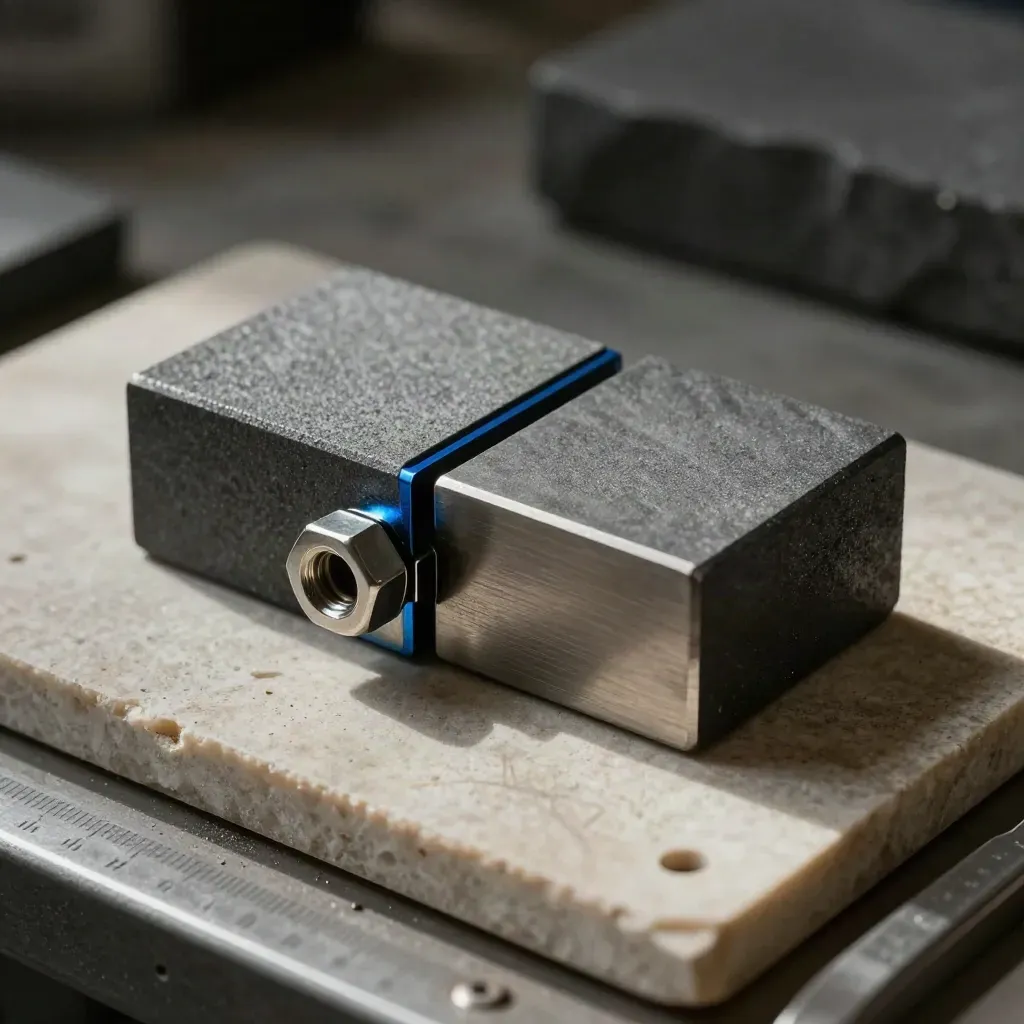 Blocs métalliques emboîtés et pièce de connexion sur une dalle de pierre, lumière dramatique.