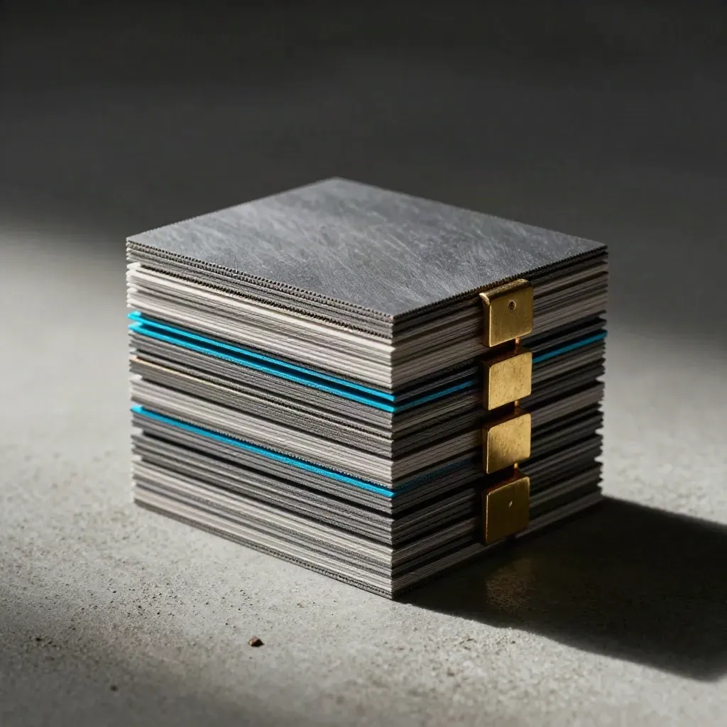 Modules graphite empilés avec entretoises fines et pince en laiton sur béton gris.