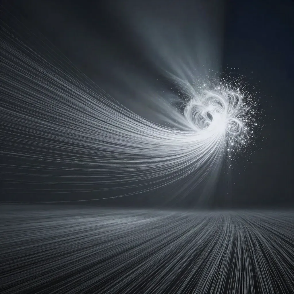 Filaments argentés dans une brume graphite convergent vers un halo blanc décentré.