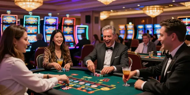 Joueurs profitant de jeux de casino gratuit dans une ambiance animée et luxueuse.