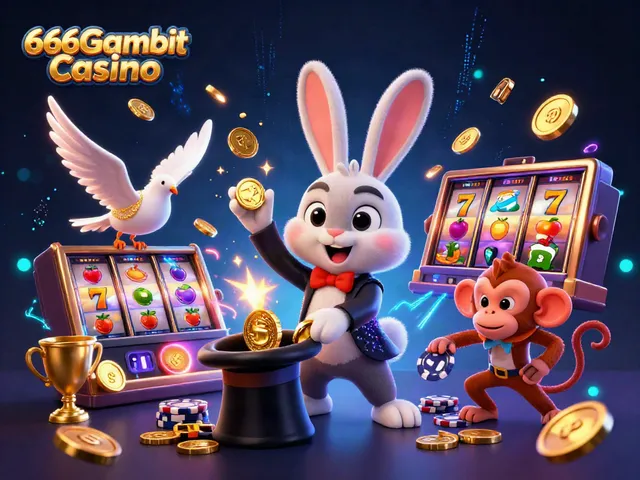 Jouer sur le 666Gambit Casino avec un magicien, une colombe et un singe, entourés de jeux de machines à sous.