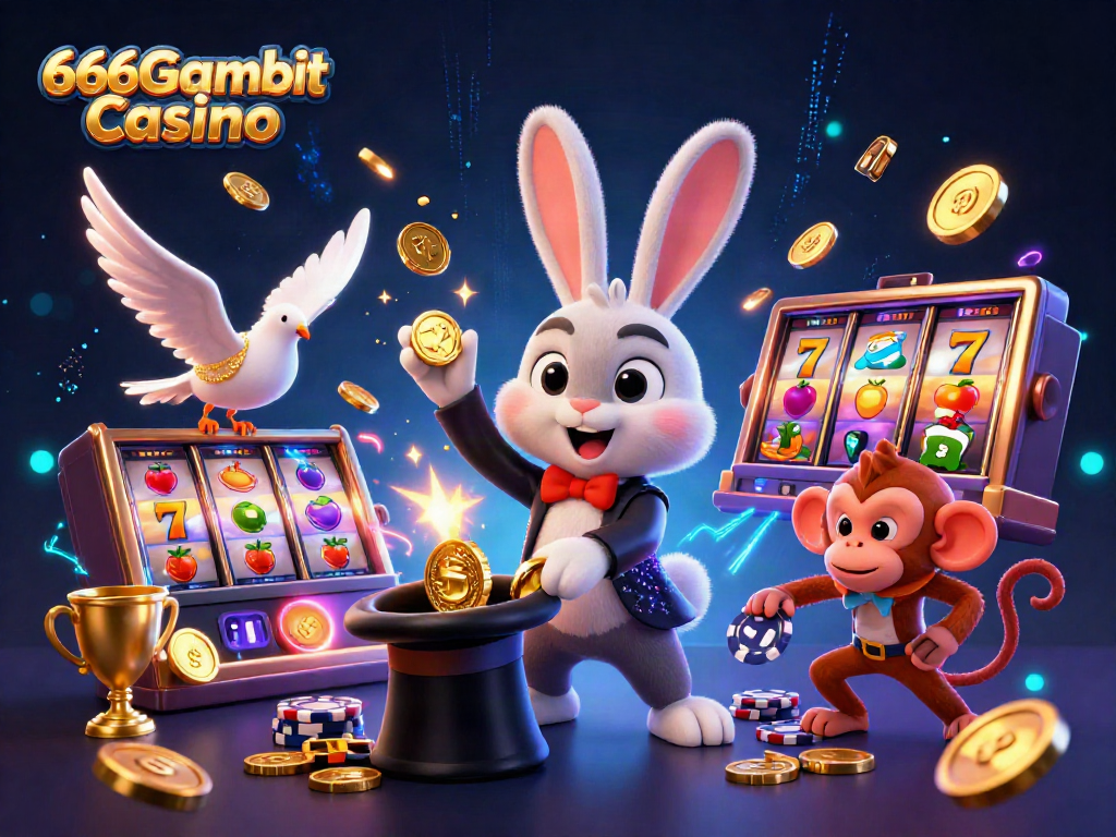 Jouer sur le 666Gambit Casino avec un magicien, une colombe et un singe, entourés de jeux de machines à sous.